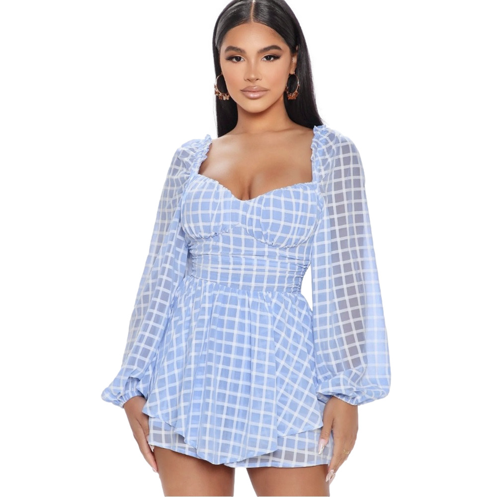 Fashion Nova blue checkered romper